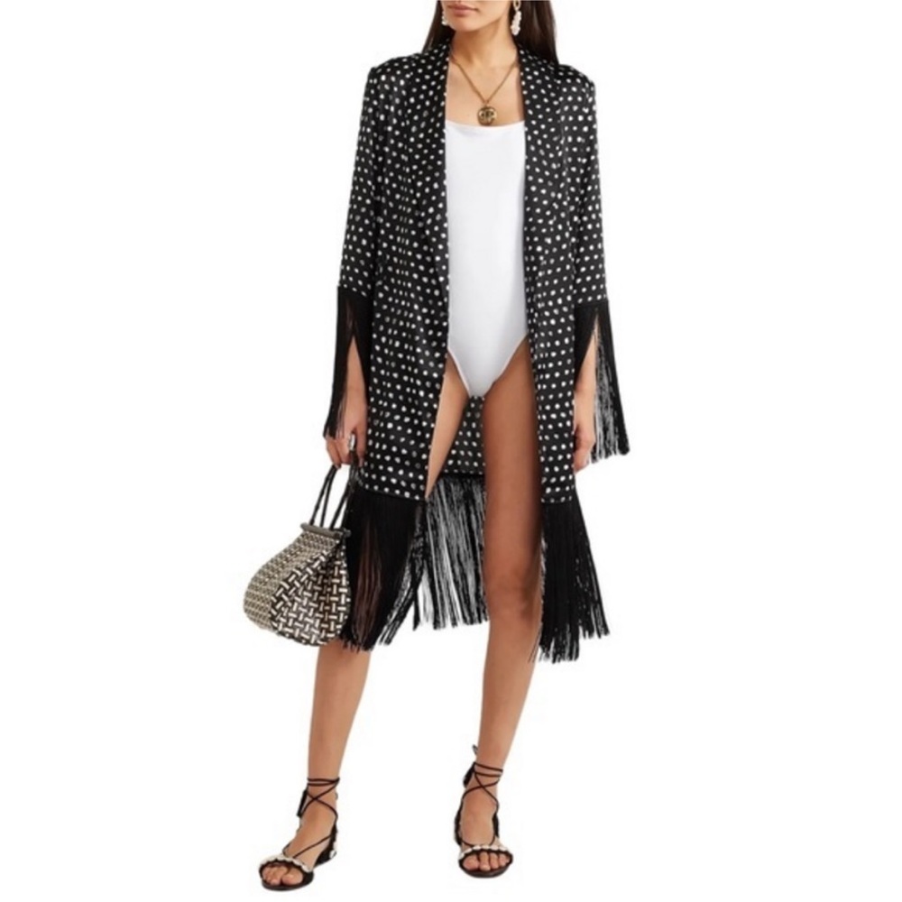 We Are Leone Lily Silk Blend Polka Dot Fringe Maxi Cardigan Robe‎ Size M/L